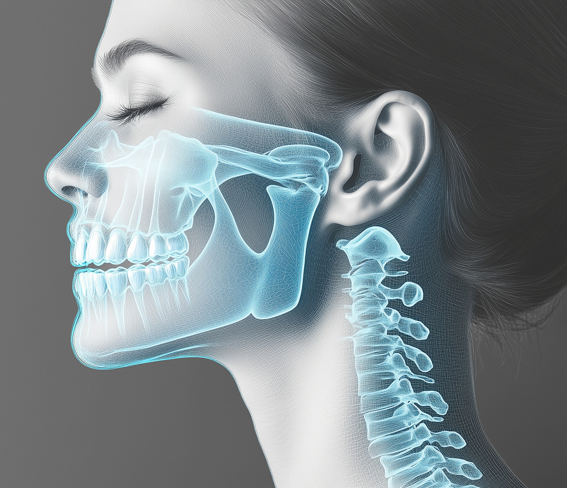 横向きの女性の顔と首を描き、皮膚越しに頭蓋骨や顎、歯列、頸椎を可視化した医療イメージ