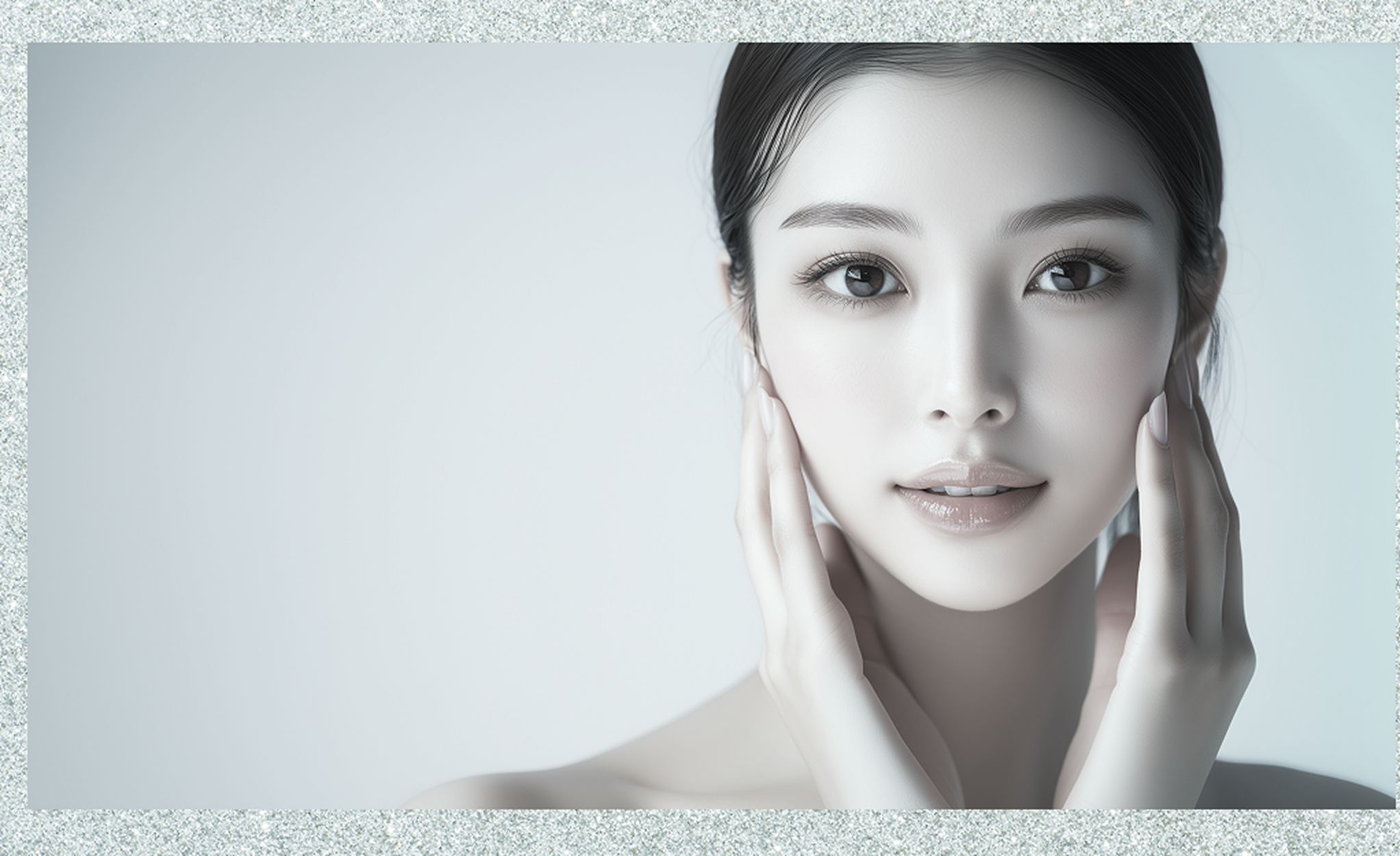 肌の質感や目元が強調された、ナチュラルメイクの女性が静かな表情で写る美容イメージ