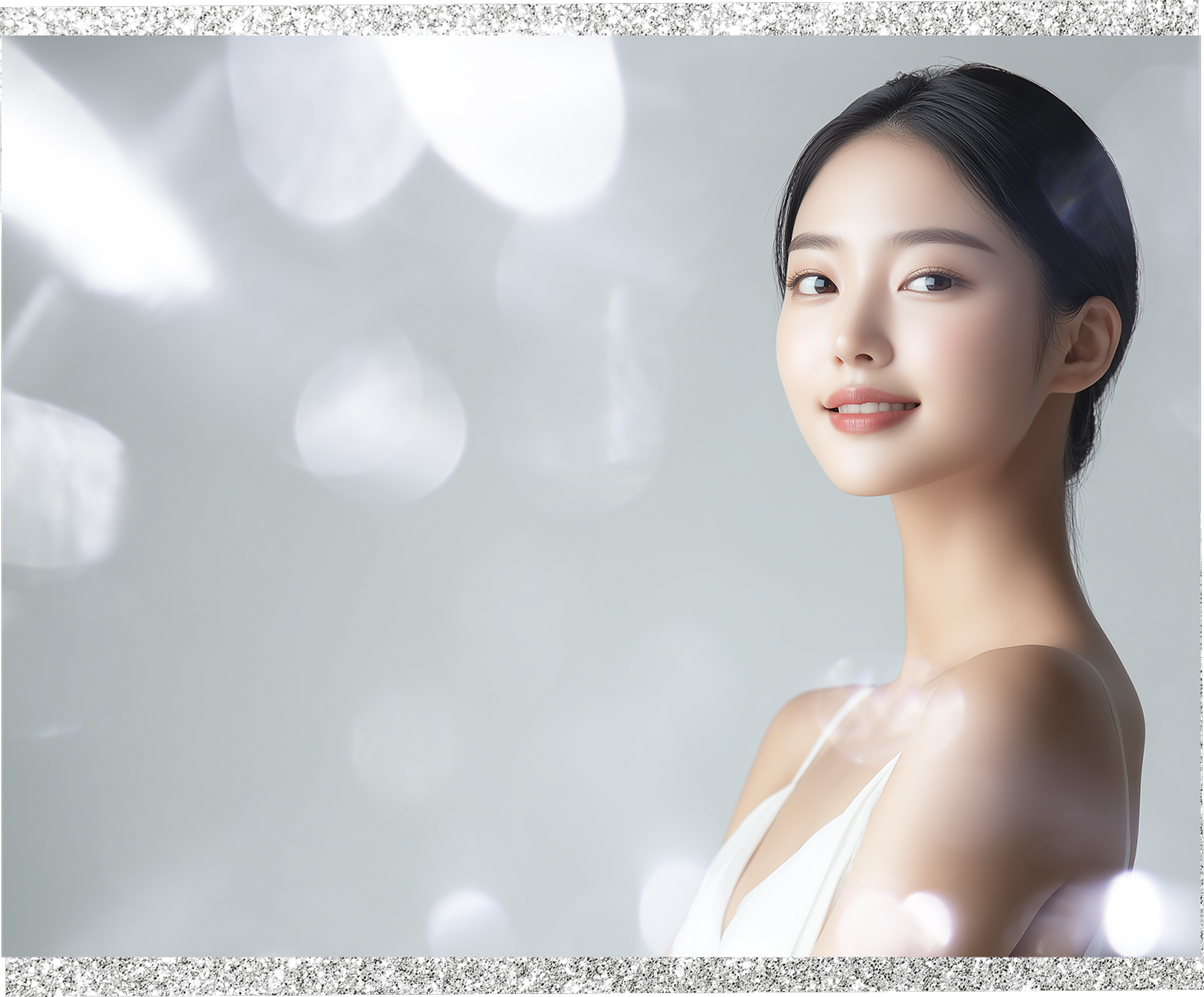 淡いグラデーション背景の前で、白い衣装を身にまとい微笑む女性の上半身ビューティーポートレート