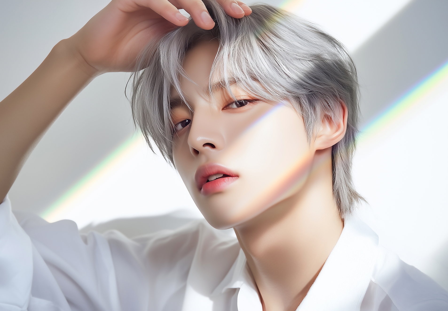 銀色の短髪の人物が前髪に手を添え、虹色の光が頬を横切る白背景のポートレート写真