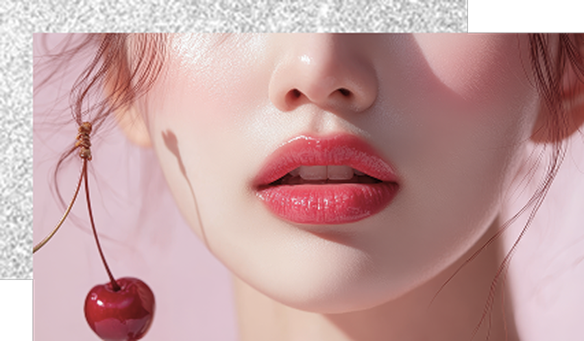 赤いグロスを塗った唇を中心に、頬の血色と滑らかな肌質が際立つ女性の口元アップ。耳元にはさくらんぼのイヤリングが揺れている。
