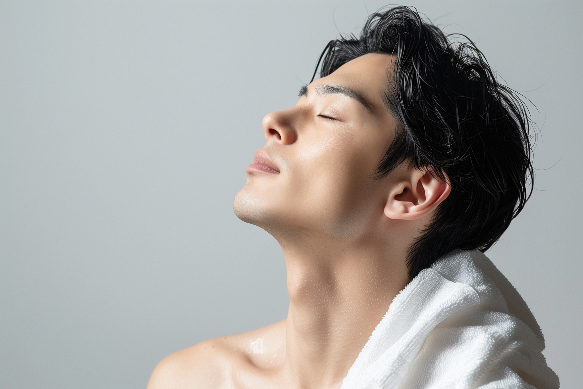 目を閉じて顔を上げる黒髪の男性の横顔。裸の肩に白いタオルを掛け、清潔感のある背景でリラックスした表情を見せている。