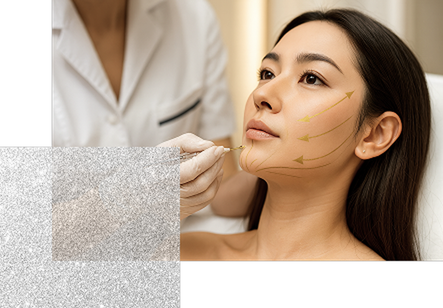 施術ベッドに横たわる女性の顎から頬にかけて、矢印ラインが描かれ、注射器で美容施術を受けている様子