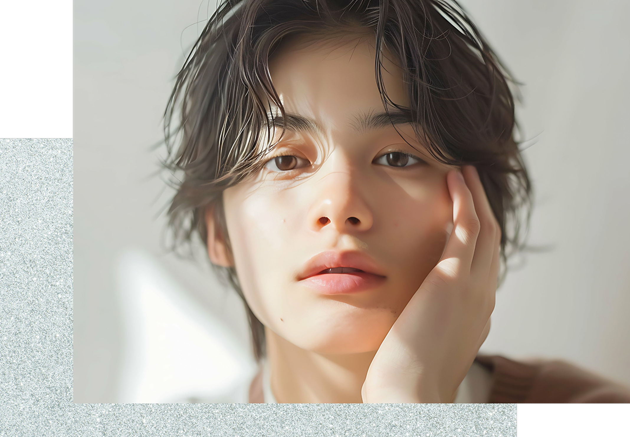 左手を左頬に当て、優しい笑顔を浮かべる若い男性のアップ写真