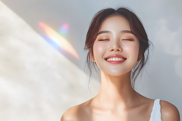 目を閉じて微笑む女性の上半身ポートレート。柔らかな自然光が肌を照らし、背景には淡い虹色の光が差し込んでいる。