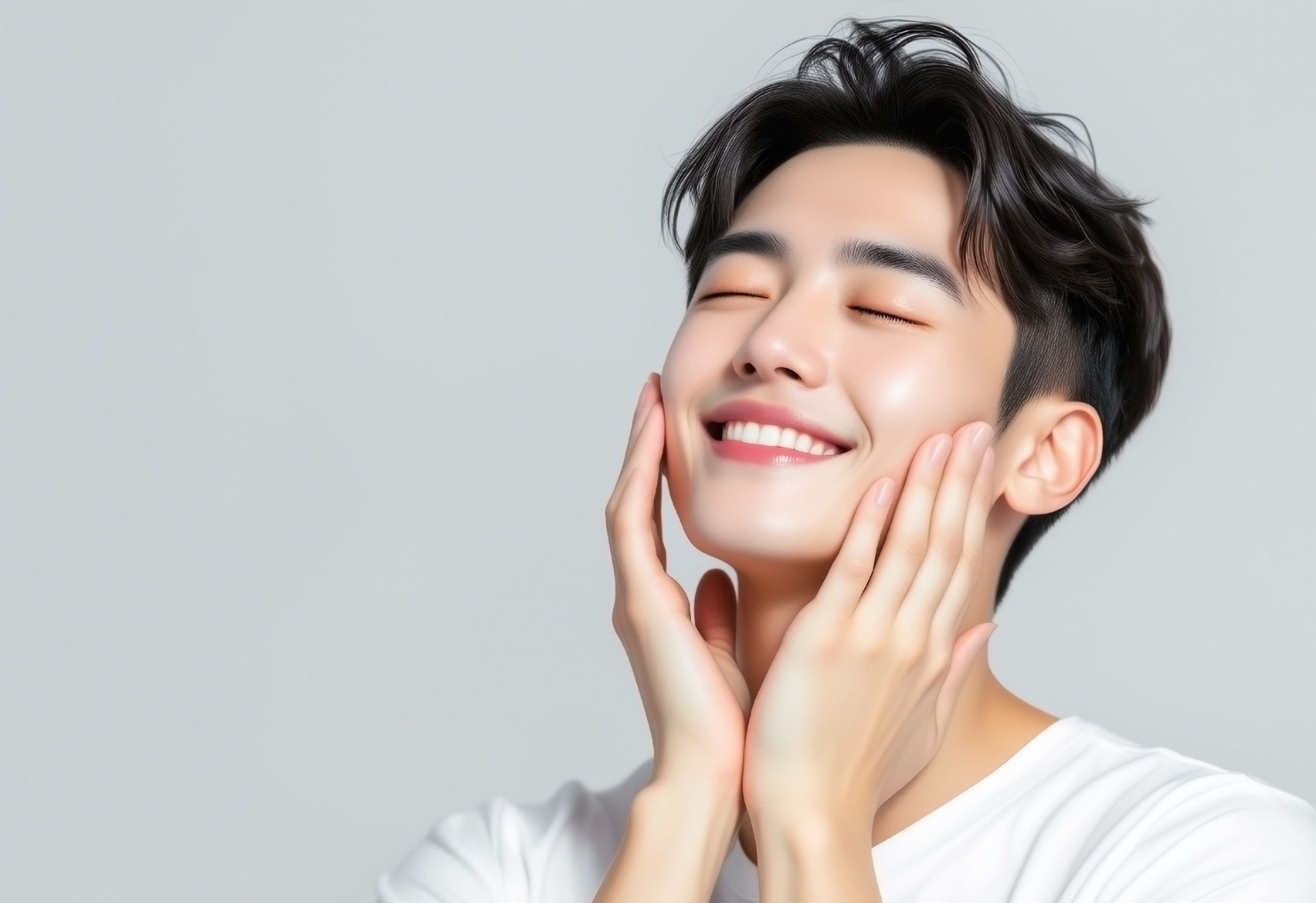 目を閉じて微笑み、両手で頬に触れる人物の上半身ポートレート。透明感のある肌と白い服、明るい背景が印象的